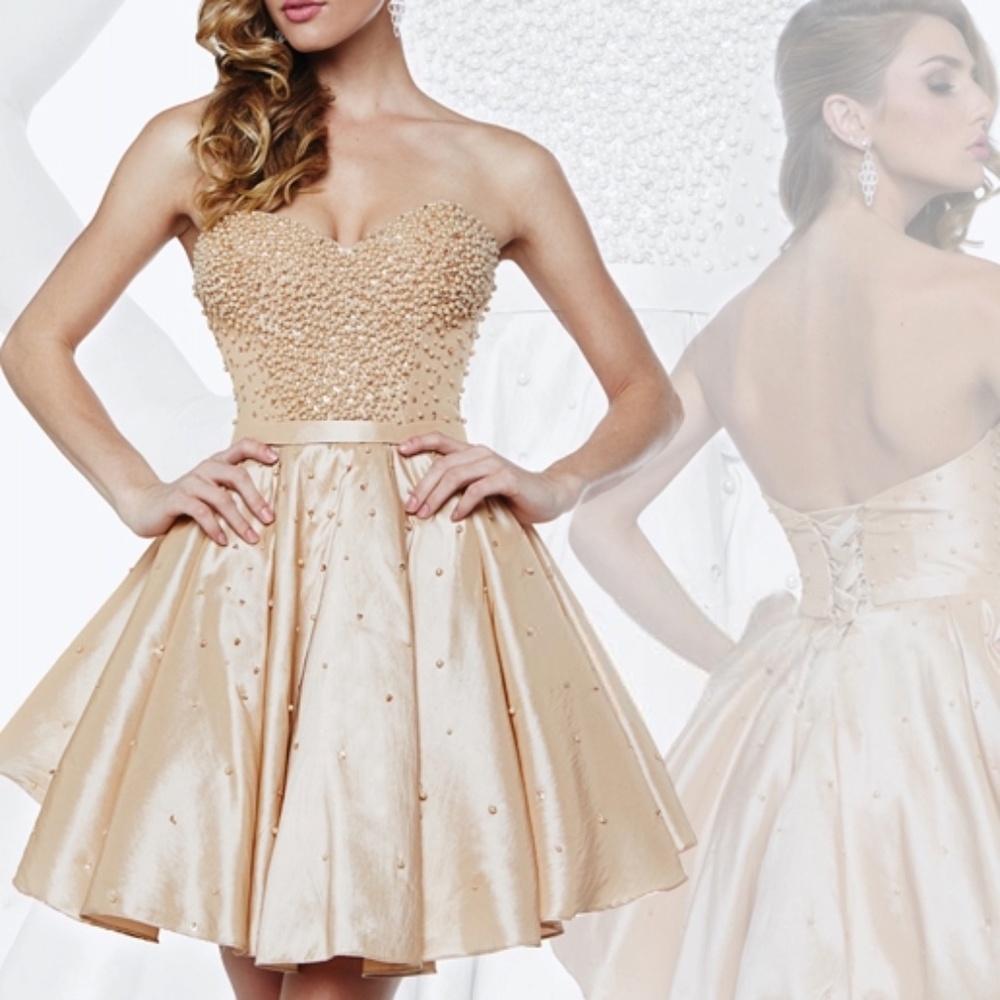 NWT Milano Formals Prom Homecoming special occasion short dress GOLD nude beige